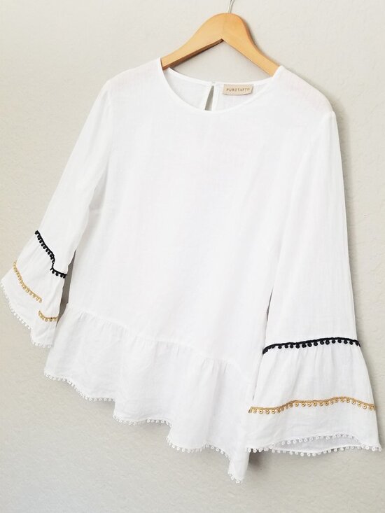 Purotatto Tops - Purotatto 100% Linen Flax Blouse Top White Bell Sleeves Crochet Trim Italy 44 M